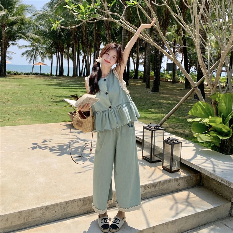 韩系花边拼接牛仔套装裤女薄款2025夏季新款马甲阔腿裤时尚两件套,女装套装/套裙,2D076