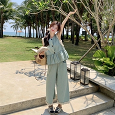 韩系花边拼接牛仔套装裤女薄款2025夏季新款马甲阔腿裤时尚两件套，女装套装/套裙，2D076