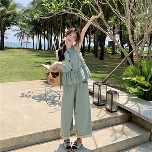 韩系花边拼接牛仔套装裤女薄款2025夏季新款马甲阔腿裤时尚两件套图片