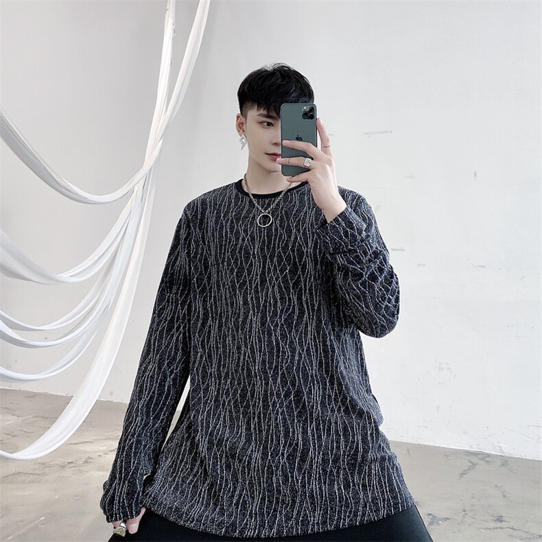 新款早秋亮丝水波纹长袖男时尚百搭圆领打底衫潮A452--672,男装T恤,电商A452