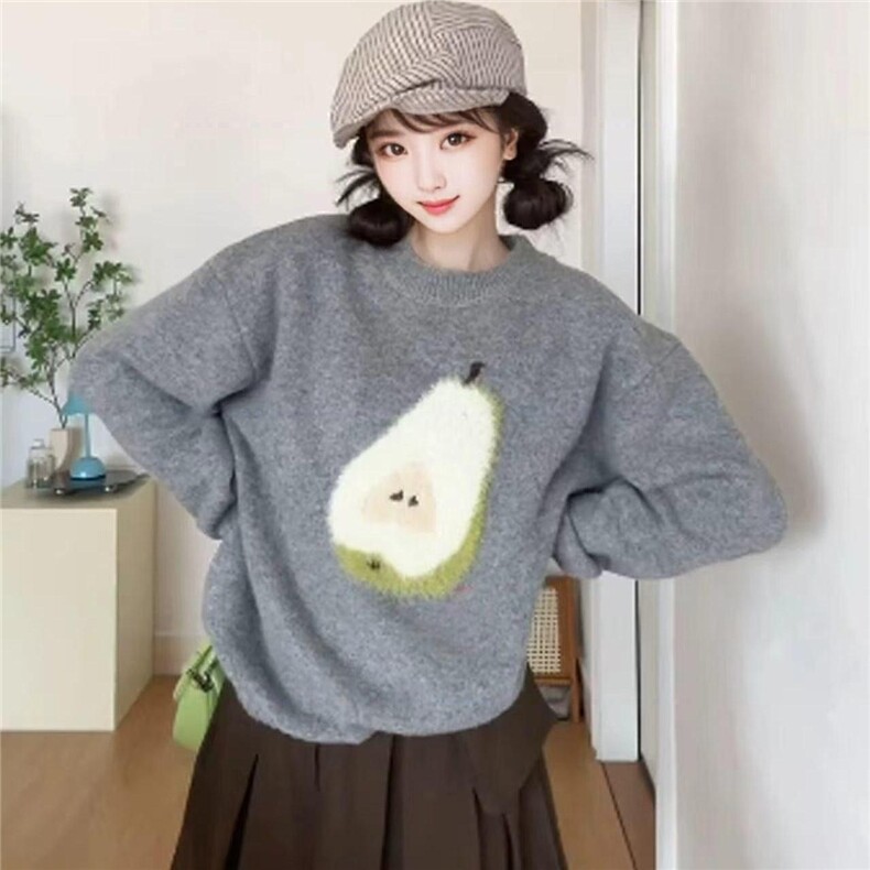 韩系秋冬穿搭卡通提花毛衣女灰色慵懒风外穿高级感圆领针织上衣潮图片