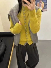 2025年秋季常规款通勤单件长袖包扣撞色开衫，女装针织衫/毛衣，暖烁特种纱工厂店