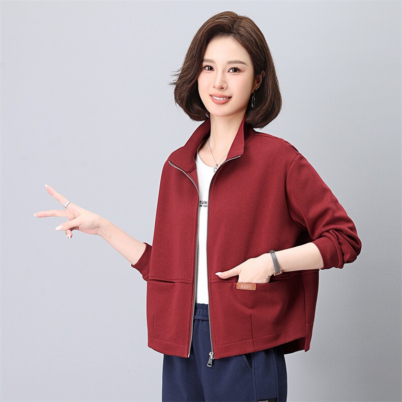 (现货)气质休闲贴标休闲常规纯色拉链立领套装,女装短外套,依恋蒂丝