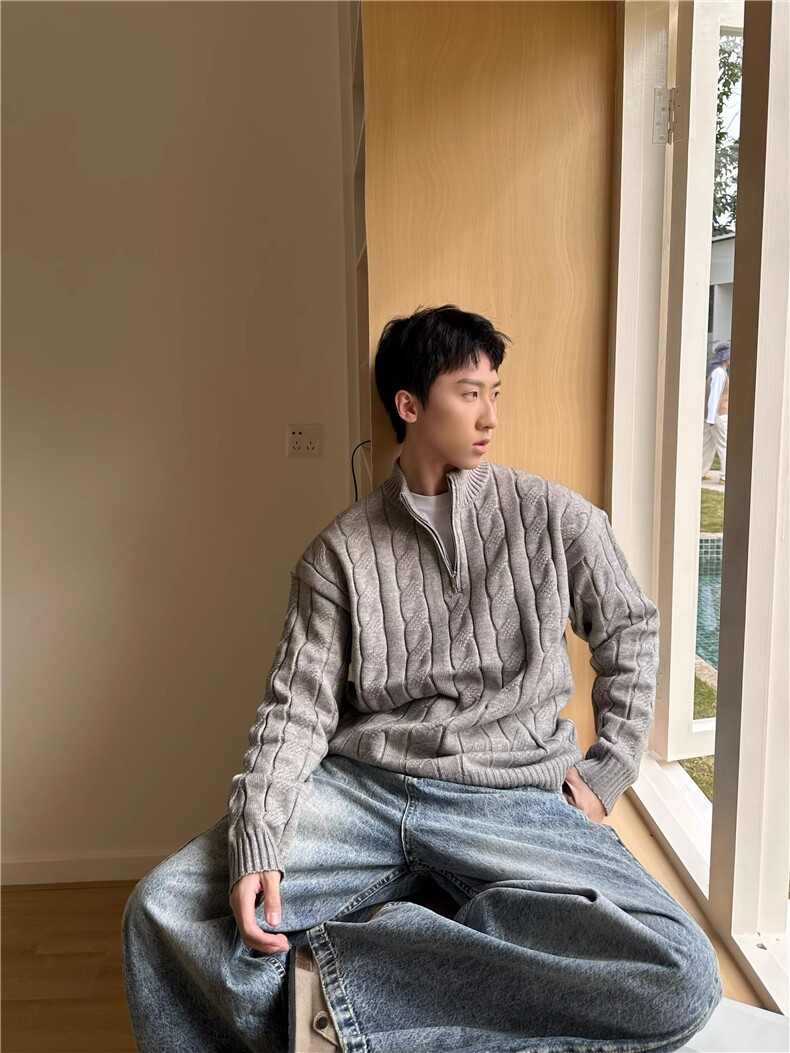 网图半高领毛衣男秋冬季美式麻花粗纹半拉链设计针织打底衫特P58,男装针织衫/毛衣,电商C306-1