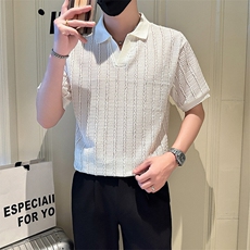 店主风社会小伙男士镂空纯色V领POLO衫男T恤301A-1/PL101/P48，男装T恤，星座301A-1