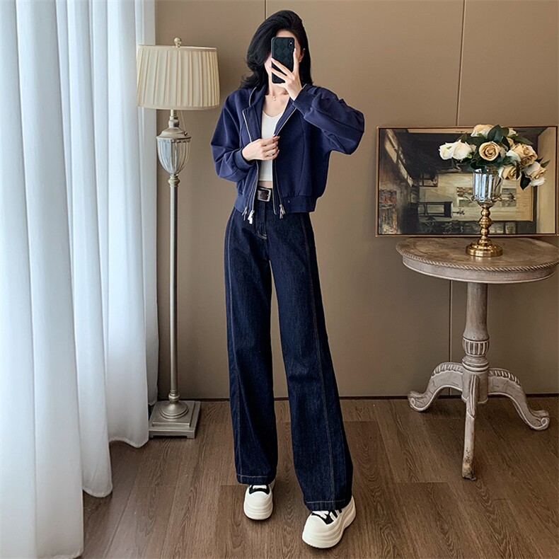 时尚女秋蓝色短款外套+高腰阔腿牛仔裤套装显瘦百搭气质穿搭,女装套装/套裙,江南