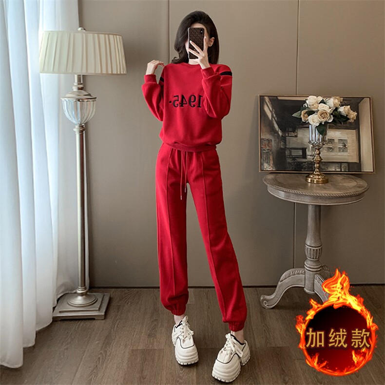 女秋冬新款红色圆领卫衣卫裤加绒两件套,女装套装/套裙,江南