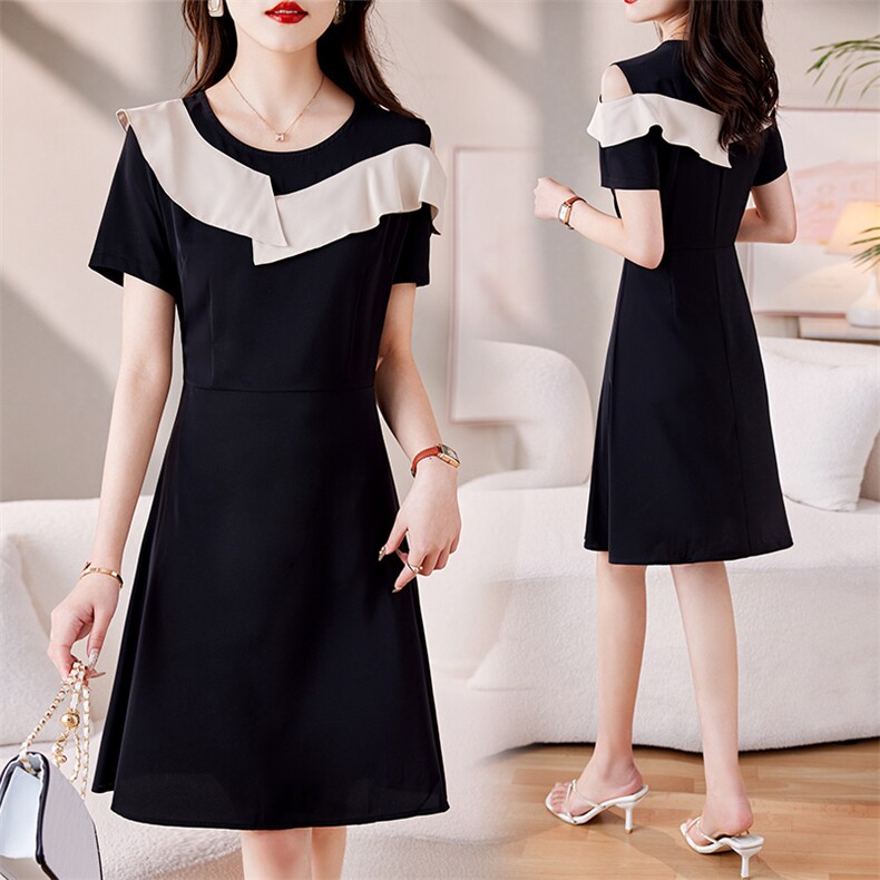 洋气露肩连衣裙女夏季新款显瘦遮肉设计感小众气质拼接裙子，女装连衣裙，韩蔻秀