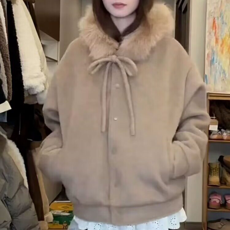 潮牌美式复古毛呢连帽女2025秋冬季宽松百搭拉链情侣高级感外套图片