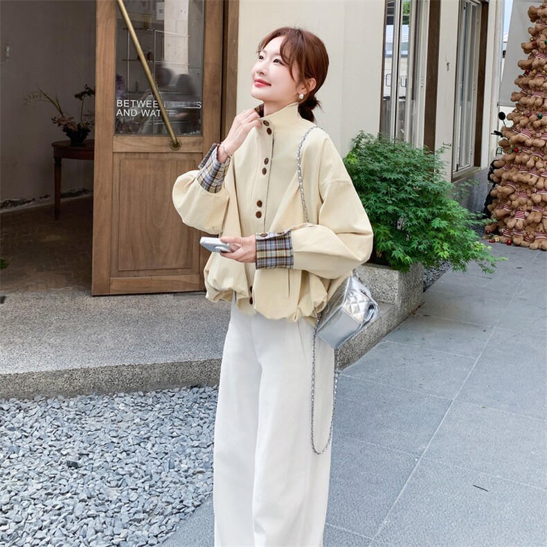 浅黄色格子拼接短款外套女2025年春秋季新款韩版宽松显瘦夹克上衣,女装短外套,2C056