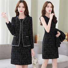 小香风毛呢套装春秋女气质优雅减龄修身显瘦洋气时尚两件套连衣裙，女装套装/套裙，香莘料