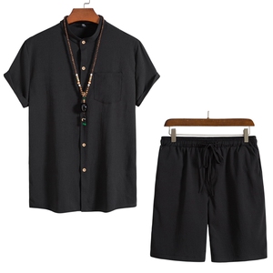 2025夏季男士风短袖复古衬衫纯色沙滩裤短裤套装TZ06图片