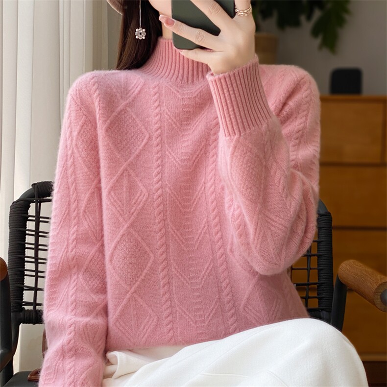 半高领菱形扭花100%纯羊毛衫女2024秋冬加厚长袖毛衣宽松羊绒打底,女装羊毛衫,大美人包芯纱店