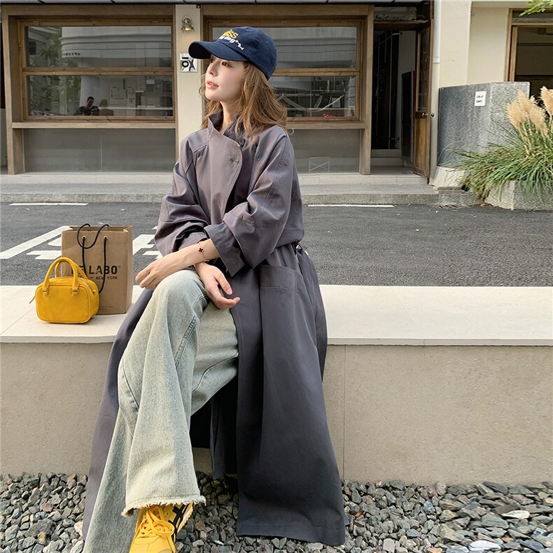 韩系复古长款系带灰色风衣外套女春秋2025新款爆款高级感超火大衣,女装风衣,2C016