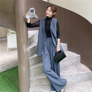 蓝色轻熟风极简西装马甲套装女2025秋新款高级感高腰阔腿裤两件套图片