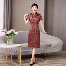 2025年夏季新品时尚气质金丝提花香云纱品质真丝喜庆中长款旗袍裙，女装汉服/婚纱/旗袍/礼服，媚琳依坊