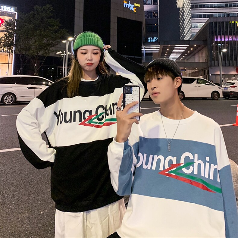 703-W220秋季情侣宽松拼色不对称圆领休闲卫衣,男装卫衣,星座703