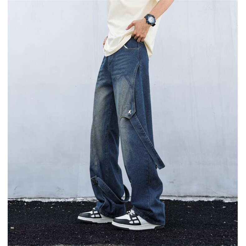 潮牌情侣美式复古拼接绑带牛仔裤宽松直筒水洗阔腿长裤ND99-P62，男装牛仔裤，星座1008