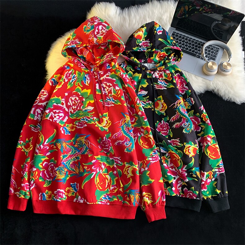 W204秋新款男女团队服大花连帽卫衣外套潮民族特色花卫衣情侣装，男装民族服装，星座115A-1