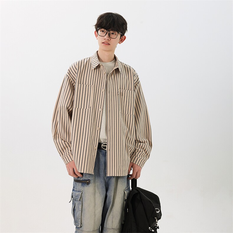 【敖瑞鹏代言】GENIOLAMODE杏色条纹日系长袖衬衫男秋季情侣衬衣,男装衬衫,电商A003