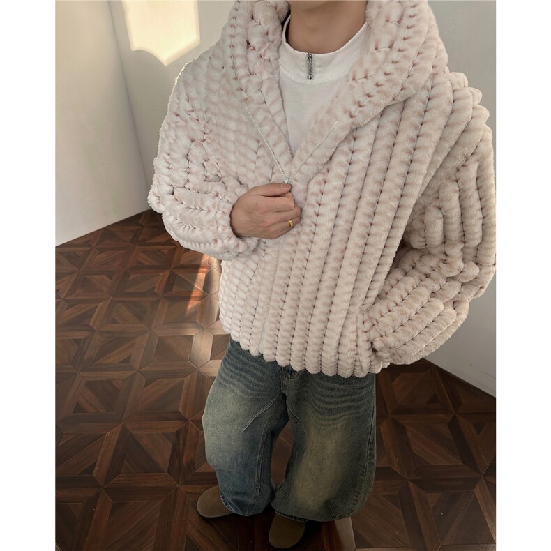 冬季男士棉服兔毛条纹绒虎皮纹宽松加绒加厚外套棉衣特p95图片