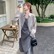 慵懒风灰色衬衫吊带裙套装女夏防晒两件套高级感223-1359P145K198，女装套装/套裙，莘蕾