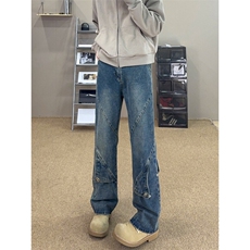 B221美式ins高街暗黑拼接直筒工装牛仔裤LK24147-P70控98，男装牛仔裤，电商B221