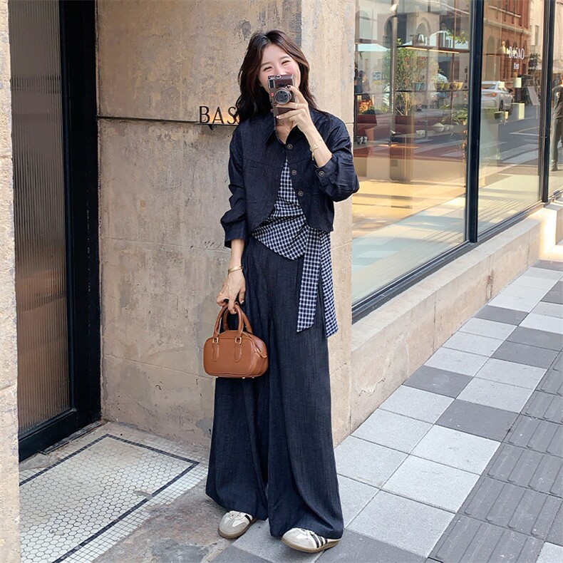 休闲减龄穿搭工装夹克套装女春秋2025超火好看高级感阔腿裤三件套,女装套装/套裙,2C007