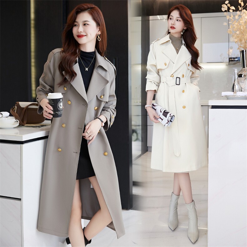 高端时尚灰色双排扣风衣外套女2024早秋新款气质宽松长款过膝大衣，女装风衣，火爆靓佳人