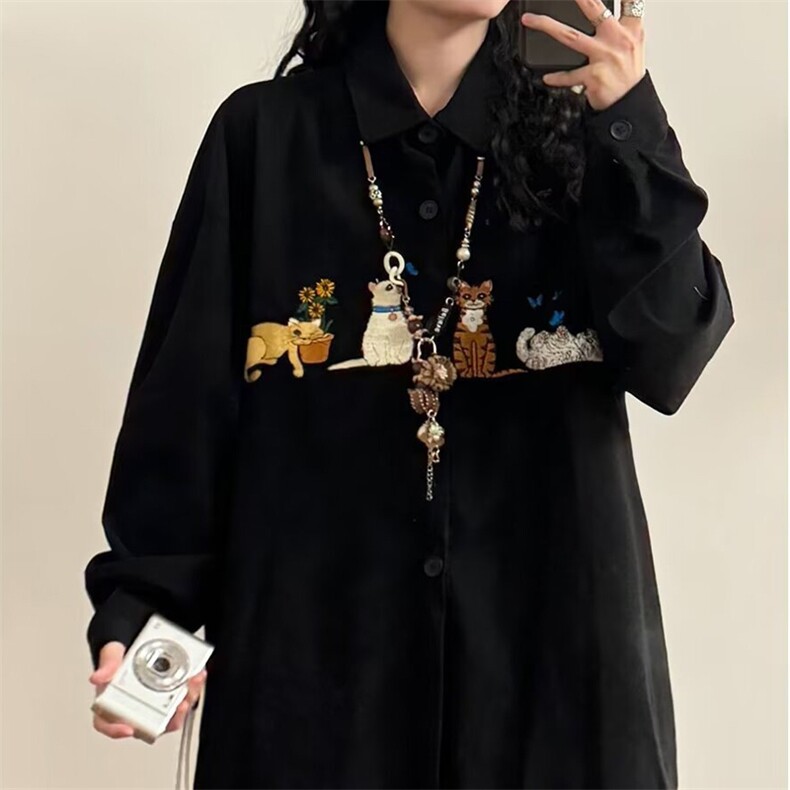 26春美式复古条纹衬衫彩色猫咪刺绣灯芯绒长袖衬衣宽松CS919-P55,男装衬衫,星座716A（原星座815-4）