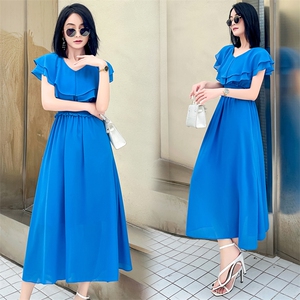 2023年夏季时尚潮流通勤高腰双层荷叶边拼接连衣裙,柳岩薄纱裙搭配图片图片