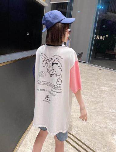 2021夏季拼色设计活性印染高飞图案全棉T恤，女装T恤，程稀