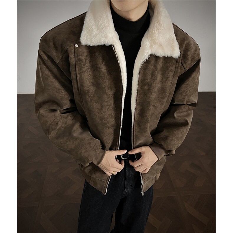 座山雕兔毛拼接复古皮衣棉衣棉服外套翻领MY1299-P110，男装皮衣，星座910