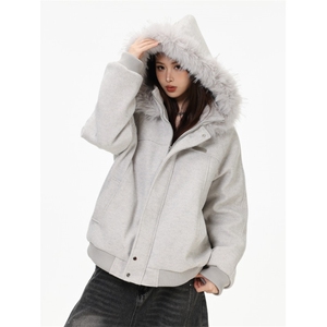 1506-1/M78861/P99灰色美式复古连帽毛呢棉服女款图片