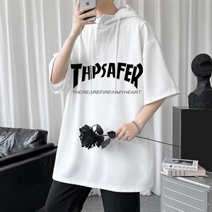 LD54007-P45 连帽短袖t恤男大码胖子带帽五分袖中袖图片