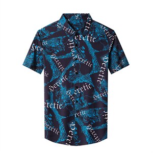 印花时尚短袖衬衫男薄款翻领上衣服夏季青年男士潮流丝光棉体恤图片