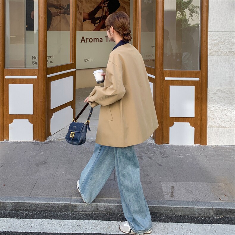 设计感撞色拼接卡其色风衣外套女春秋2025新款爆款高级感显瘦大衣,女装风衣,1D103