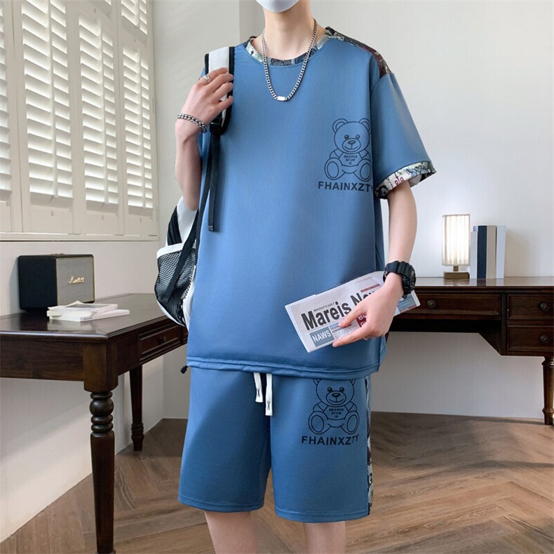港风套装男休闲宽松冰丝青年圆领短袖T恤短裤两件套-JZ6210-P38,男装牛仔裤,星座310B-3