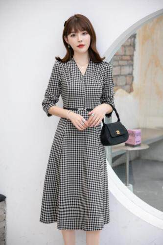 秋装新款上市：千鸟格连衣裙M一XXL，女装连衣裙，拉思维加丝