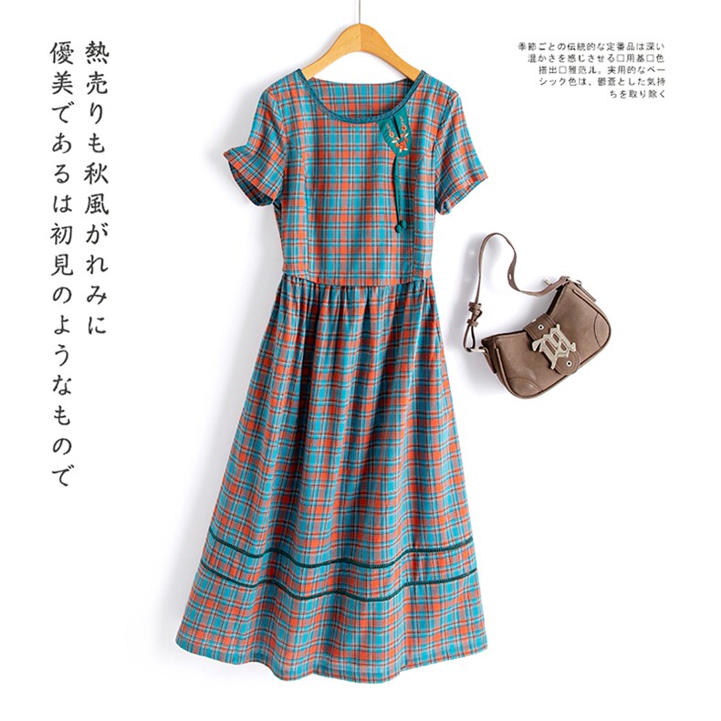水衣源2717款格纹复古刺绣拼色气质显瘦中长款连衣裙，女装连衣裙，水衣源