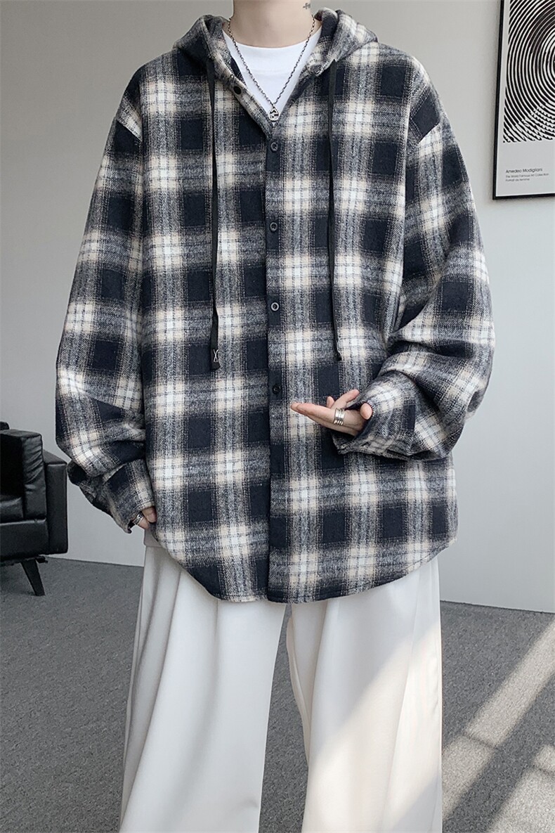 wassuphappy连帽格子长袖衬衫男春秋季2025新款撞色情侣休闲外套,男装衬衫,电商D206-1