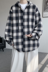 wassuphappy连帽格子长袖衬衫男春秋季2025新款撞色情侣休闲外套，男装衬衫，电商D206-1