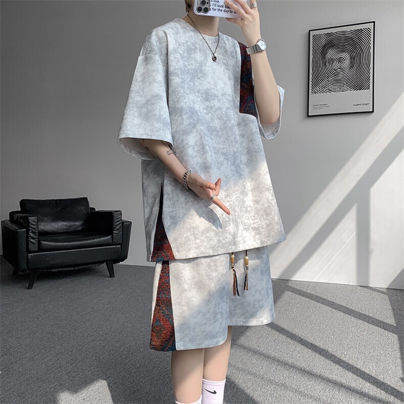 8XL-M民族风潮拼接休闲运动套装男夏季学生短袖短裤TZ38001P60,男装休闲套装,电商B312