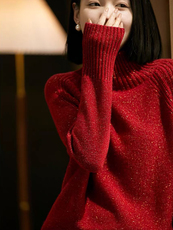 亮丝金豆纱羊绒衫女软糯保暖慵懒毛衣套头2025秋冬高领针织羊毛衫，女装羊毛衫，唯若美羊绒