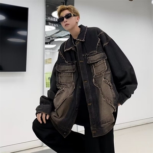 春秋做旧毛边牛仔外套男渐变休闲潮牌痞帅日系复古青少年美式夹克图片