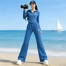 女春季新款时尚休闲套装收腰显瘦短款连帽长袖卫衣阔腿长裤两件套，女装套装/套裙，江南
