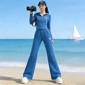 女春季新款时尚休闲套装收腰显瘦短款连帽长袖卫衣阔腿长裤两件套