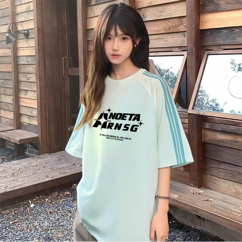 抖音得物品质二开240克宽松纯棉美式潮牌印花三条杠中性风短袖T恤,男装T恤,电商A486-1