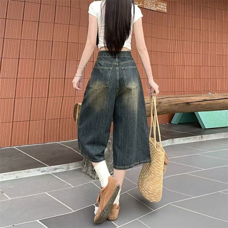 时尚怀旧蓝水洗牛仔裤女夏季大码遮肉胖mm阔腿裤高腰显瘦七分裤子,男装牛仔裤,星座1210-1