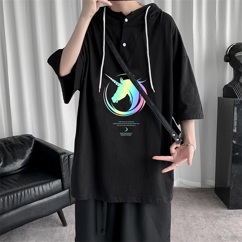 LD54138-P45连帽短袖t恤男大码胖子带帽五分袖中袖,男装T恤,电商A040